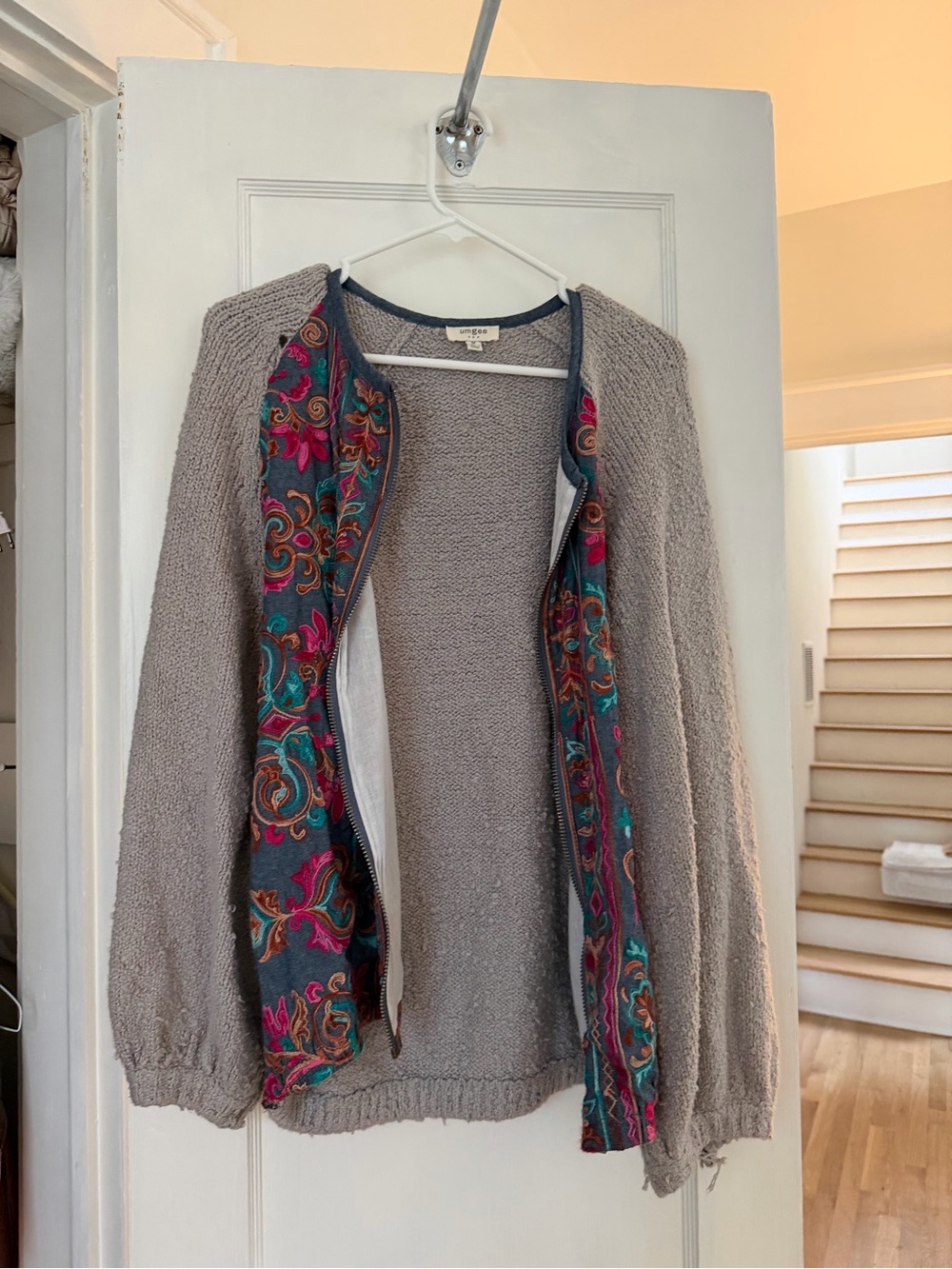 Umgee Gray Cardigan Sweater with Teal and Pink Floral Embroidery - Picture 2 of 5